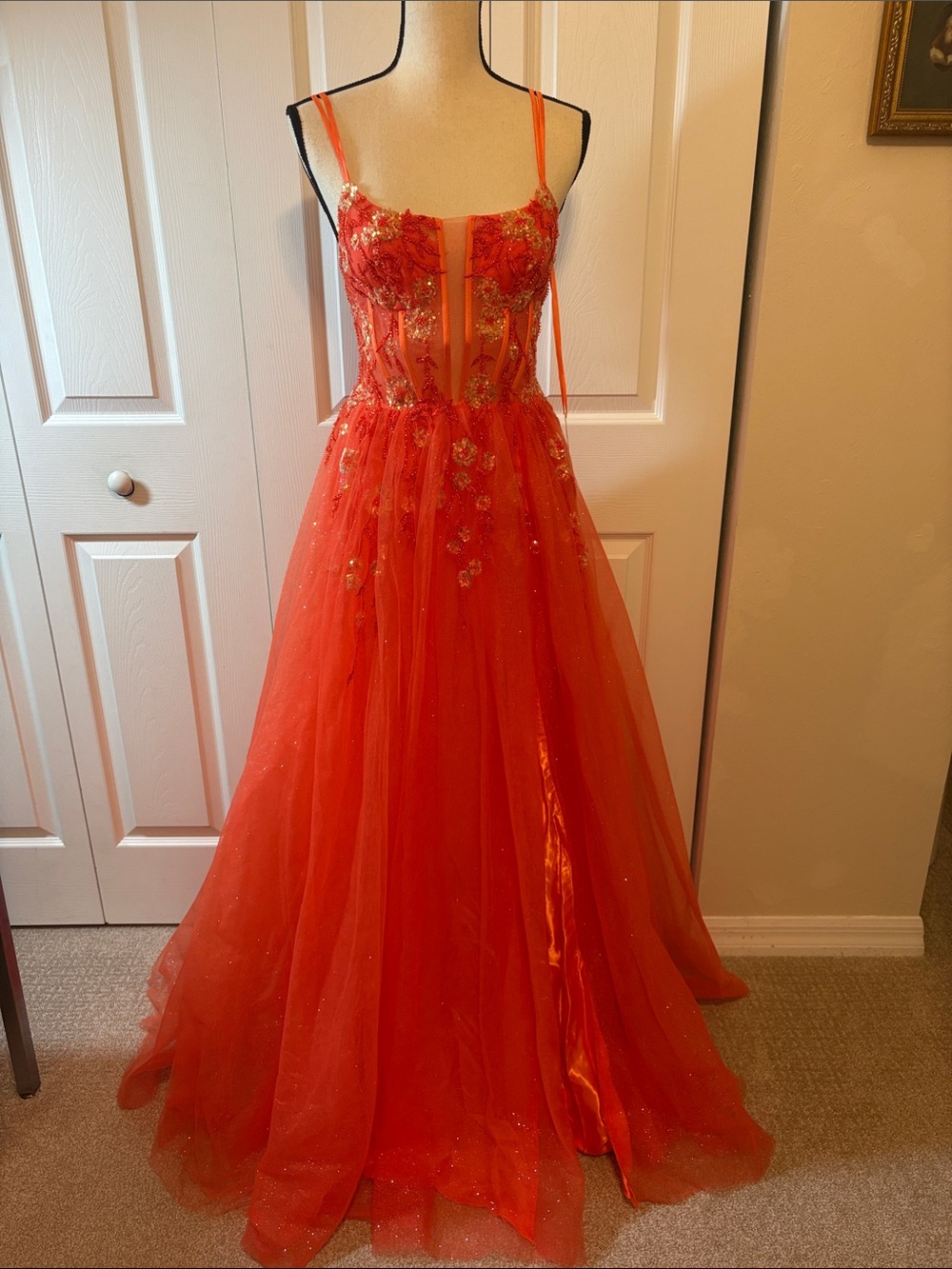 NWT Bright Orange Sequin Floral Glitter Mesh Formal Prom Gown Dress - Size 6.